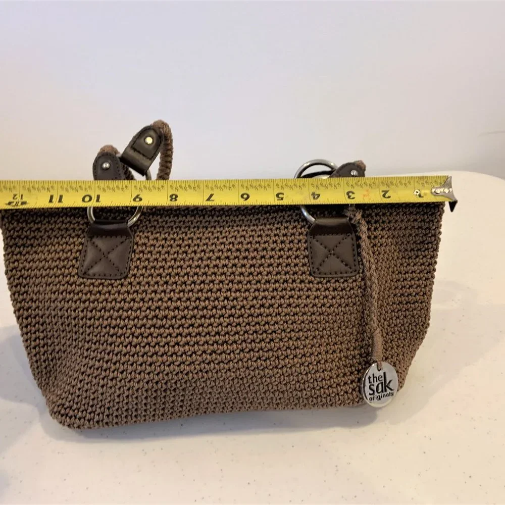 Saks Taupe Brown Crochet Shoulder Bag Tote - Picture 6 of 14